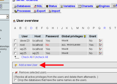 using phpMyAdmin to create a database and user for WordPress
